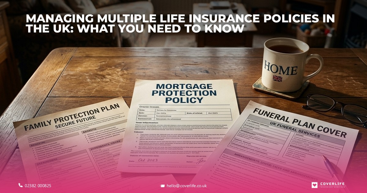 UK family reviewing multiple life insurance policies with an advisor.