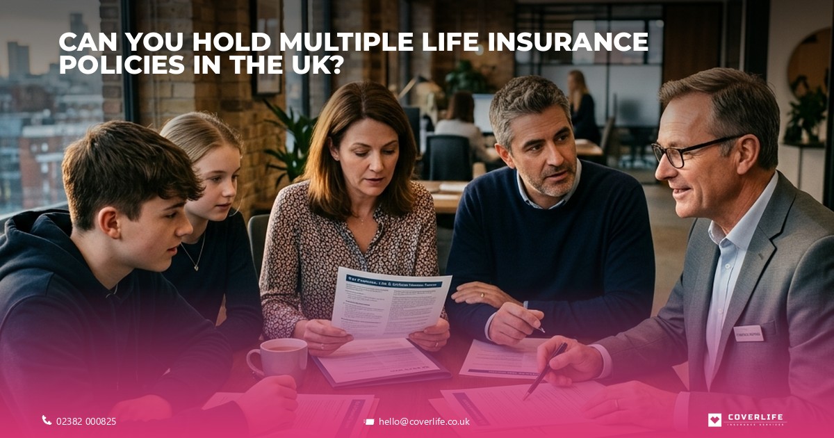 Family reviewing multiple life insurance policies with a UK advisor.