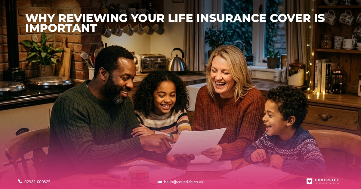 Middle-aged couple reviewing life insurance documents at home.