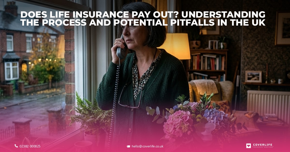 Insurance broker explaining life insurance documents to a client in a UK office.