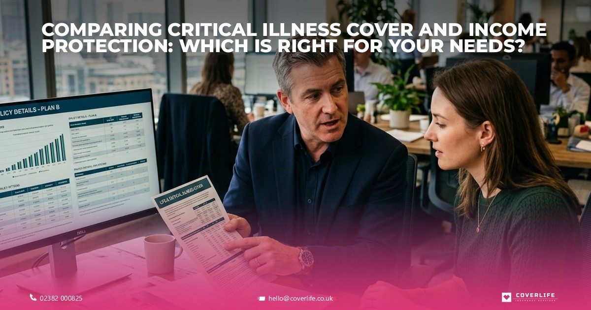 Financial advisor discussing insurance options with a client in a UK office.