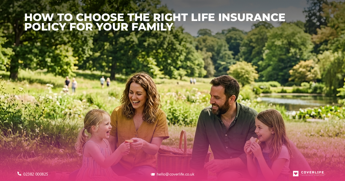 Happy UK family in a park, representing life insurance protection.
